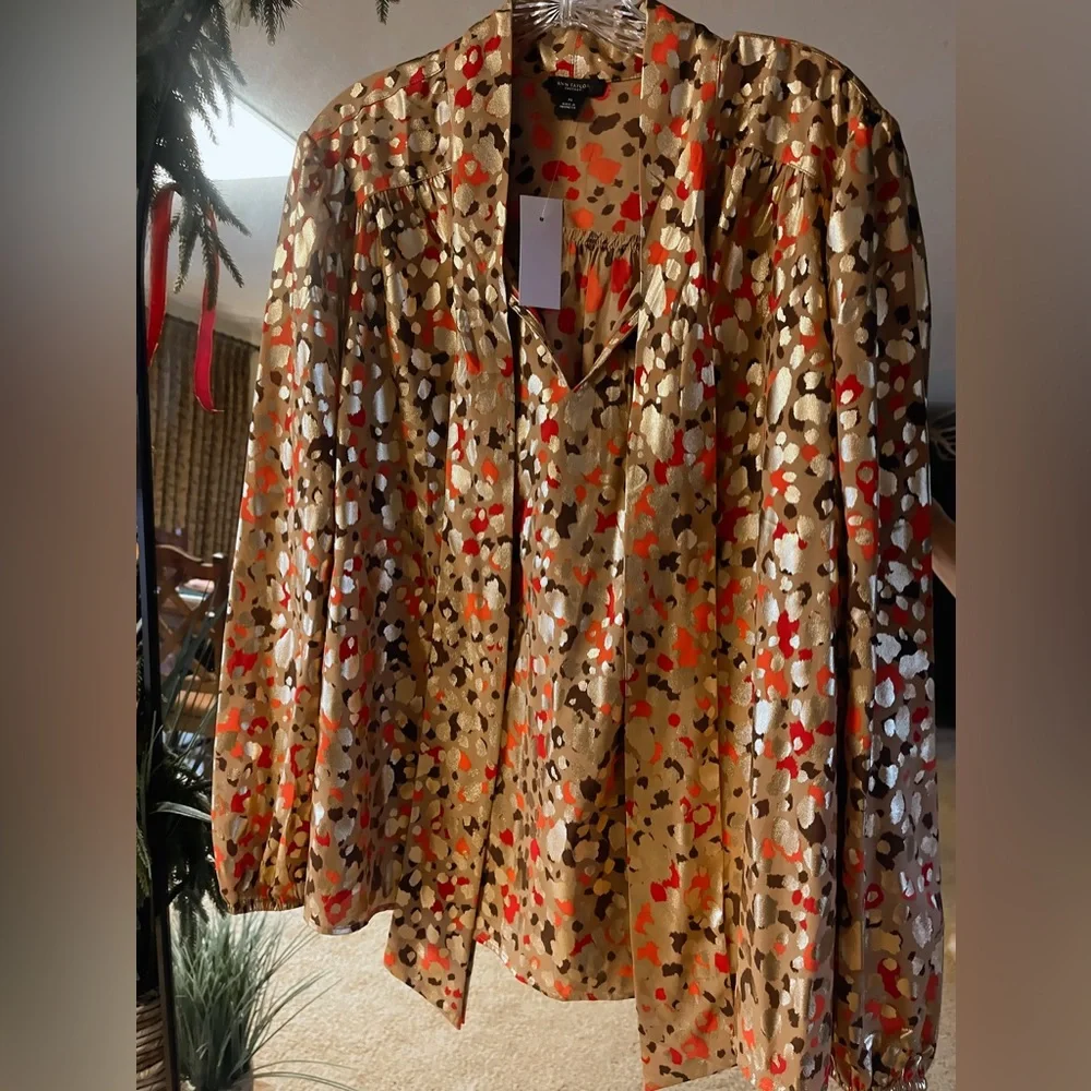 Tie neck blouse, animal print-Ann Taylor. Size XL. Never worn.